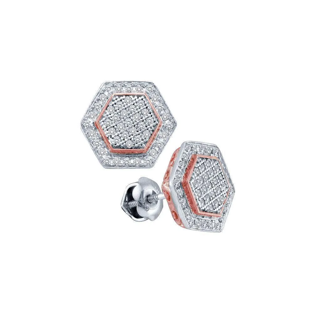 10K White Gold Round Diamond Cluster Rose-tone Hexagon Stud Earrings 1/3 Cttw
