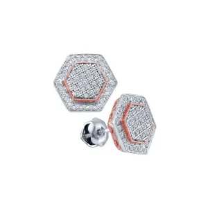 10K White Gold Round Diamond Cluster Rose-tone Hexagon Stud Earrings 1/3 Cttw