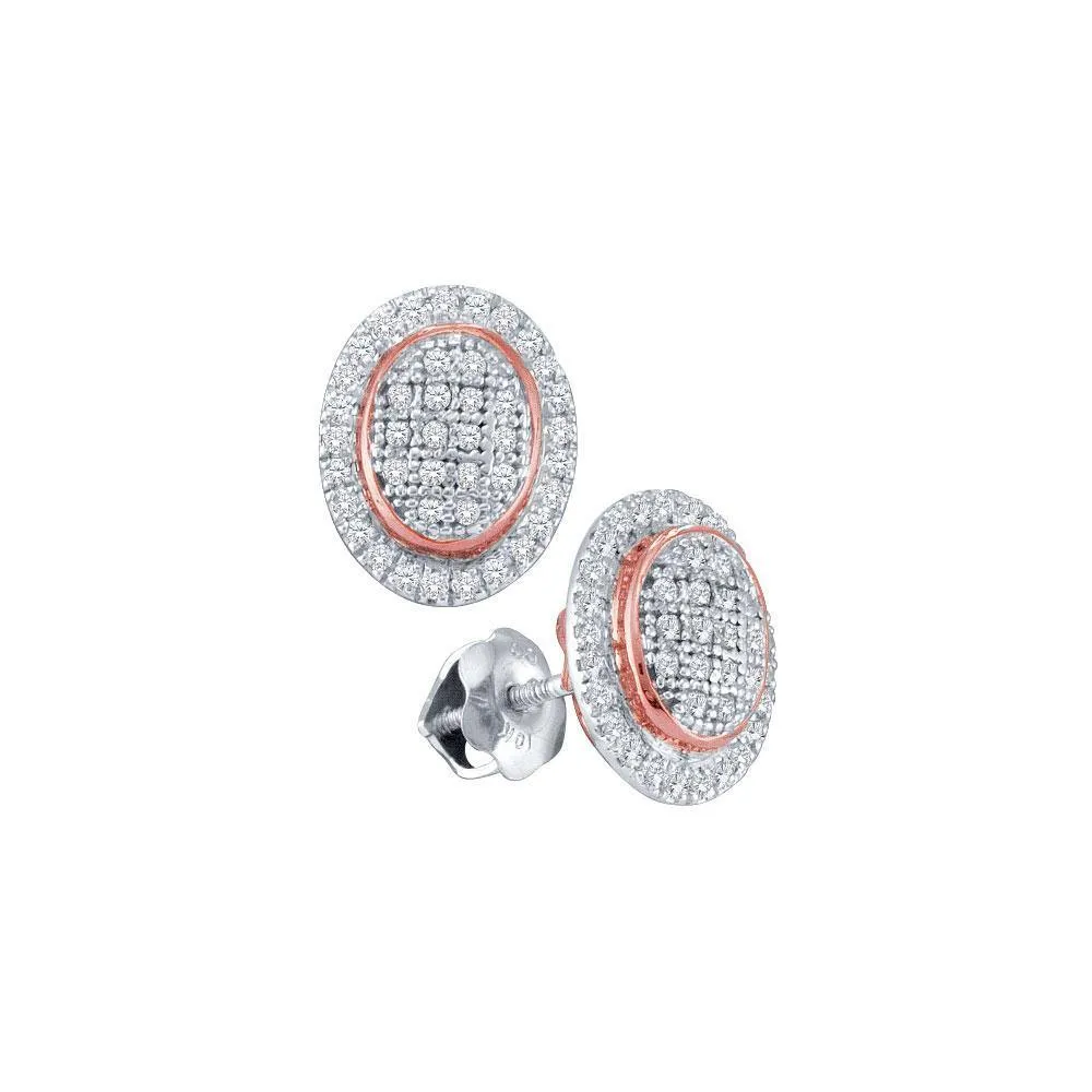 10K White Gold Round Diamond Oval Rose-tone Frame Cluster Earrings 1/4 Cttw