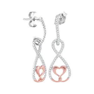 10K White Rose Gold Round Diamond Dangle Infinity Heart Earrings 1/4 Cttw