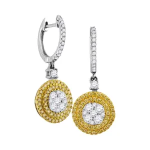 18K White Gold Round Yellow Diamond Circle Frame Cluster Dangle Earrings 1.00 Cttw