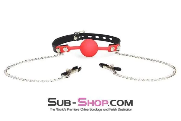 3755RS      Red Silicone Locking Ball Gag and Nipple Clamps Set - LAST CHANCE - Final Closeout!