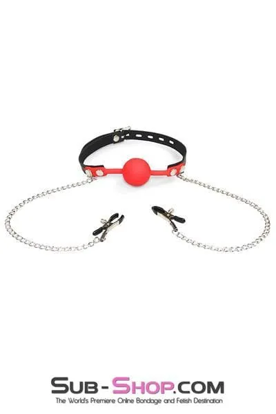 3755RS      Red Silicone Locking Ball Gag and Nipple Clamps Set - LAST CHANCE - Final Closeout!