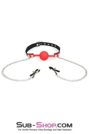 3755RS      Red Silicone Locking Ball Gag and Nipple Clamps Set - LAST CHANCE - Final Closeout!