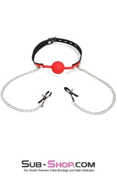 3755RS      Red Silicone Locking Ball Gag and Nipple Clamps Set - LAST CHANCE - Final Closeout!
