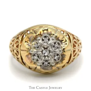 7 Diamond Kentucky Cluster Ring in 10k Yellow Gold Open Filigree Mounting