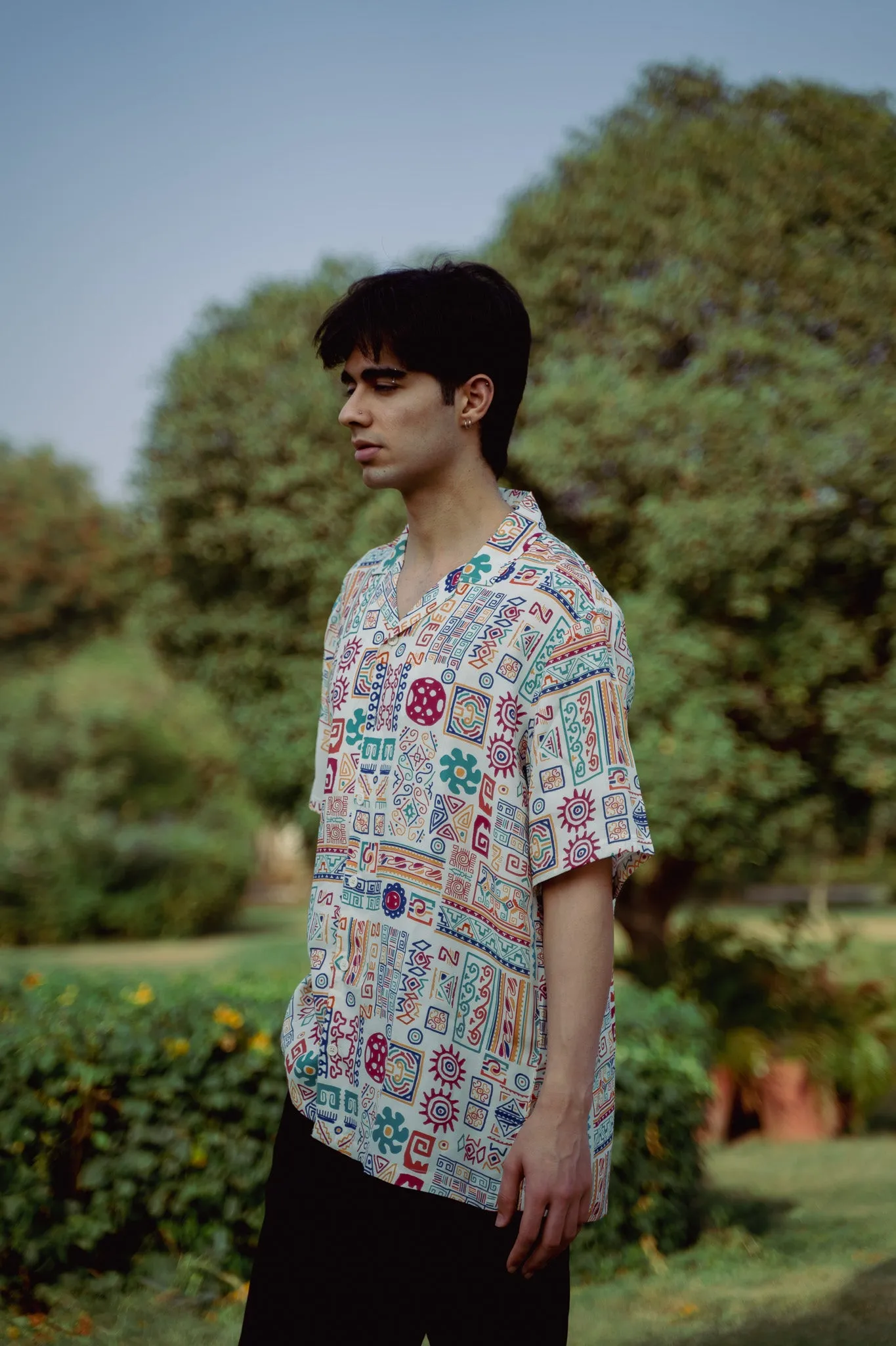 Abstract Earthy White Oversize Shirt