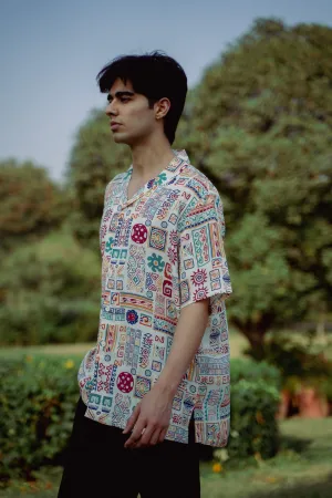 Abstract Earthy White Oversize Shirt