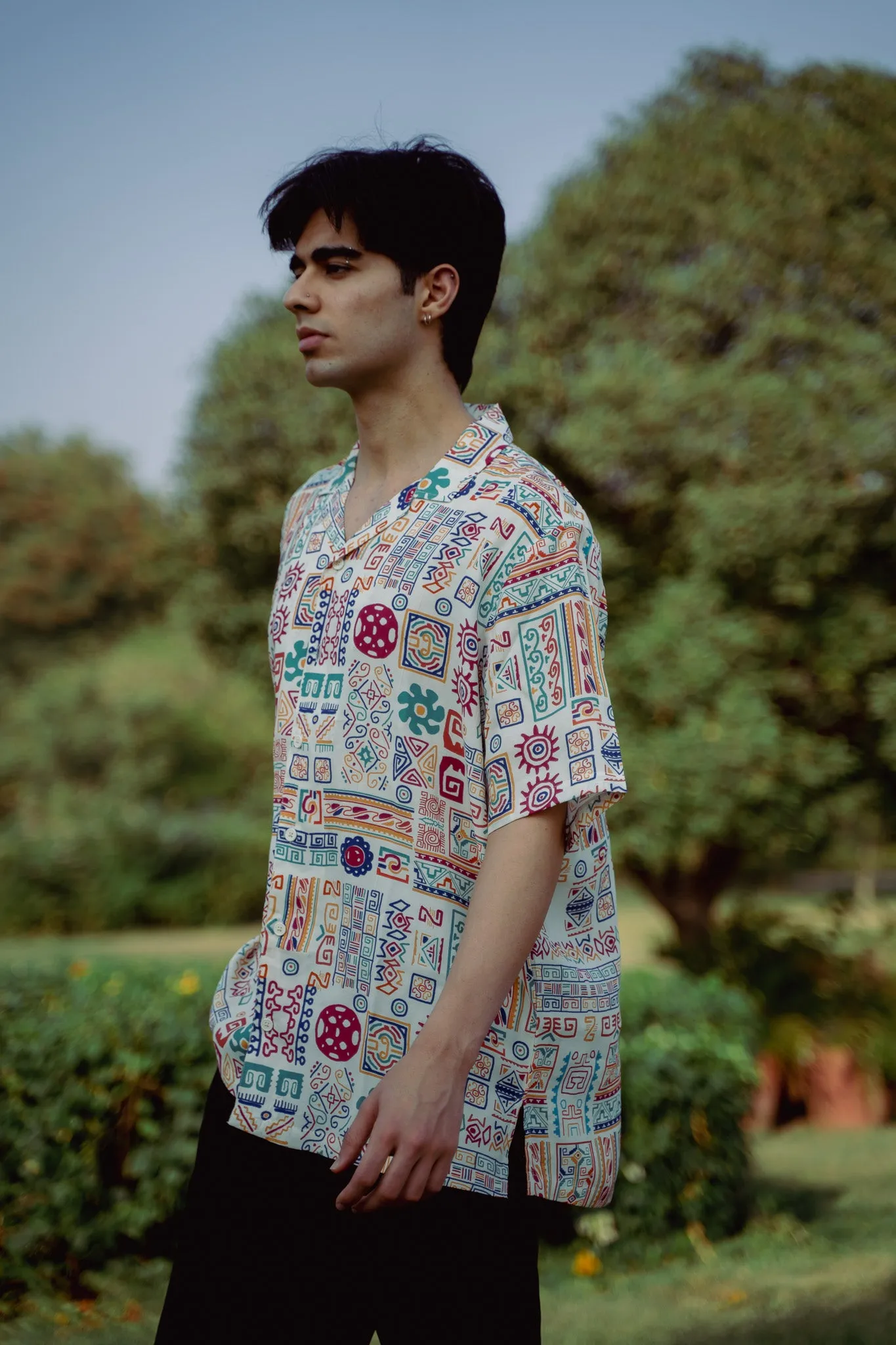 Abstract Earthy White Oversize Shirt