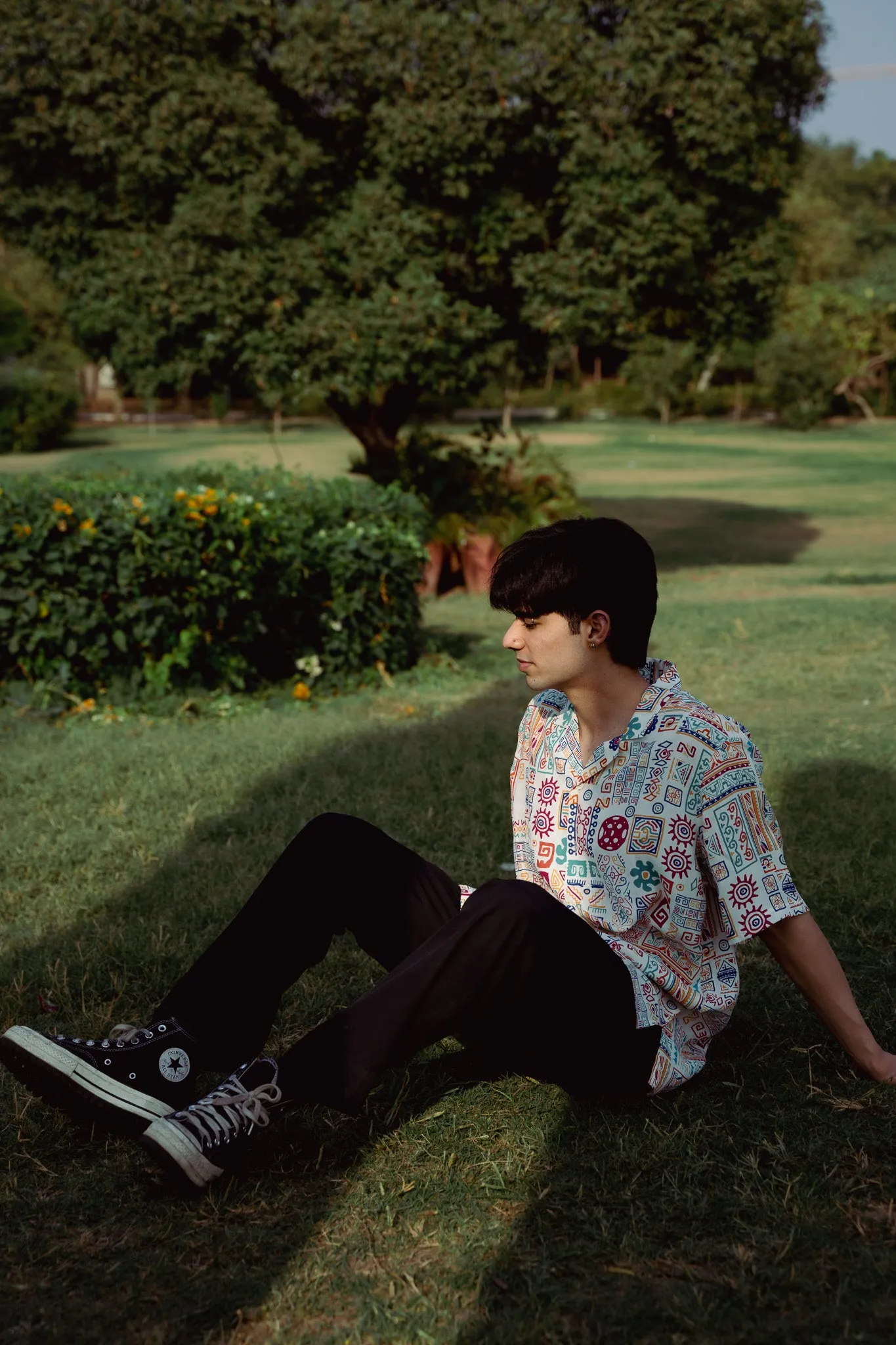 Abstract Earthy White Oversize Shirt