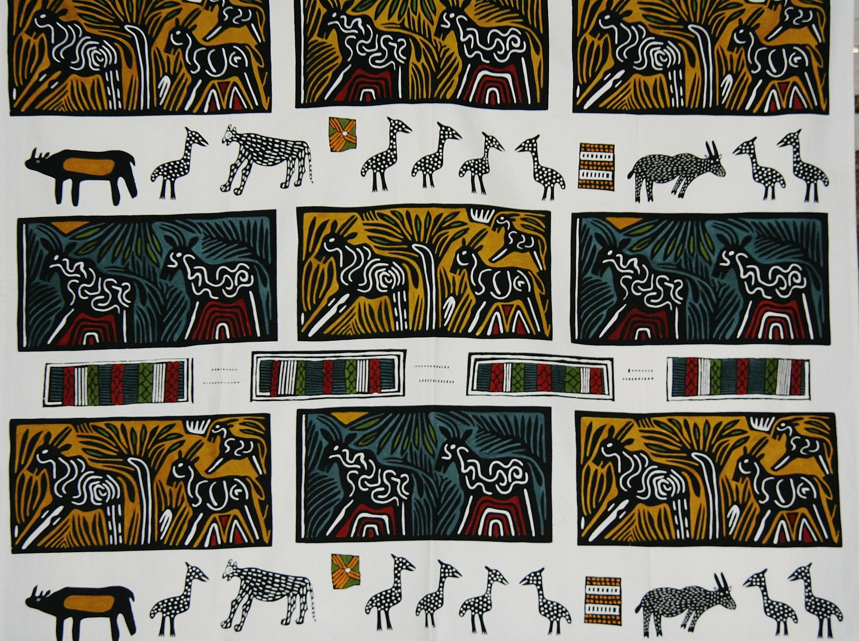 African Textile Art on Fabric Abstract African Animals in the Forests of Southern Africa 100"L X 60"W Wall Hanging Home Decor