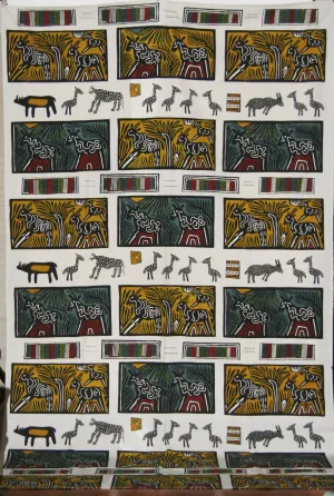 African Textile Art on Fabric Abstract African Animals in the Forests of Southern Africa 100"L X 60"W Wall Hanging Home Decor