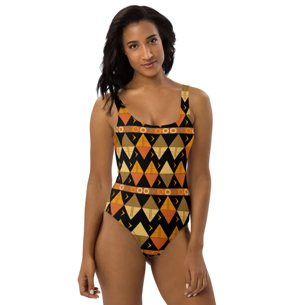 African Tribal Print One-Piece Swimsuit - Earthy