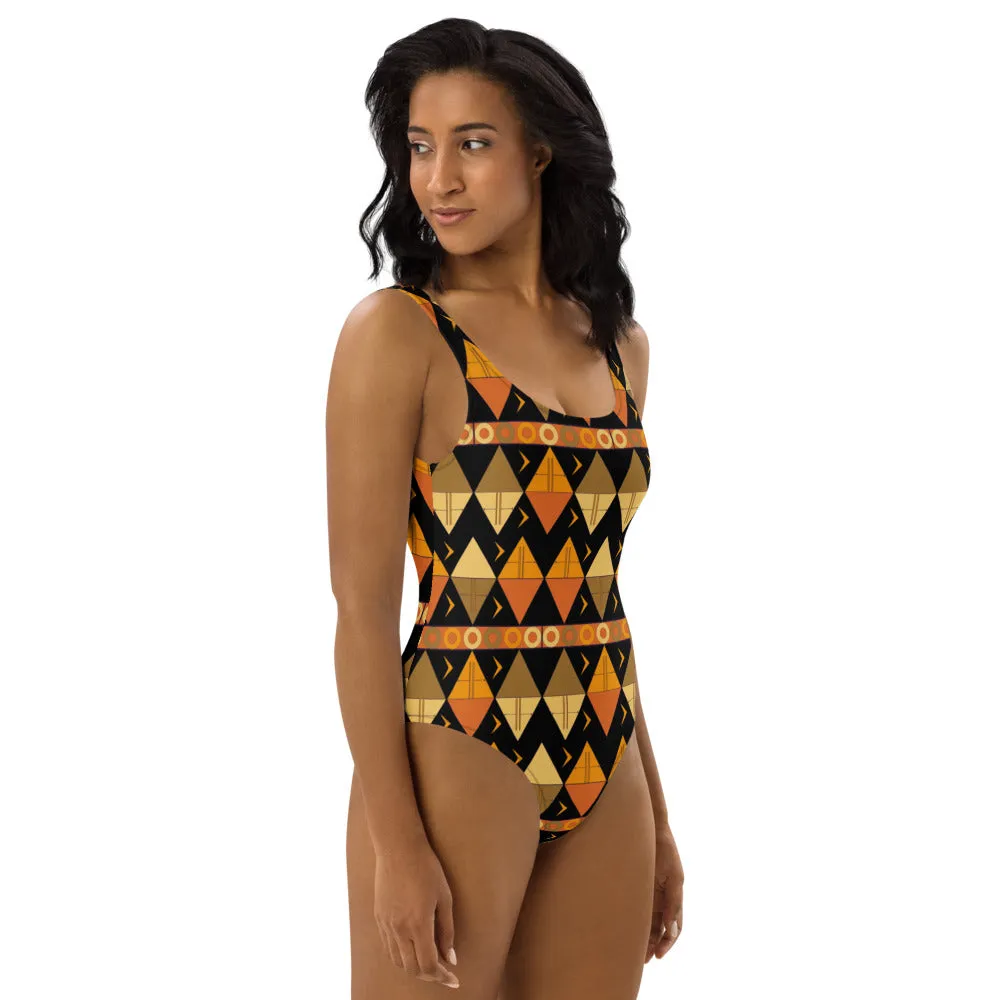 African Tribal Print One-Piece Swimsuit - Earthy