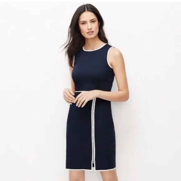 Ann Taylor Navy Sleeveless Sheath Dress with White Trim