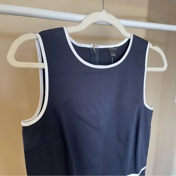 Ann Taylor Navy Sleeveless Sheath Dress with White Trim