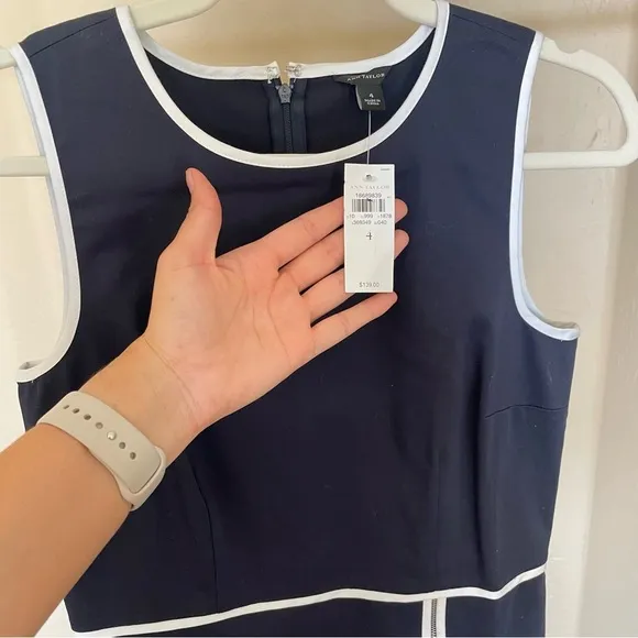 Ann Taylor Navy Sleeveless Sheath Dress with White Trim