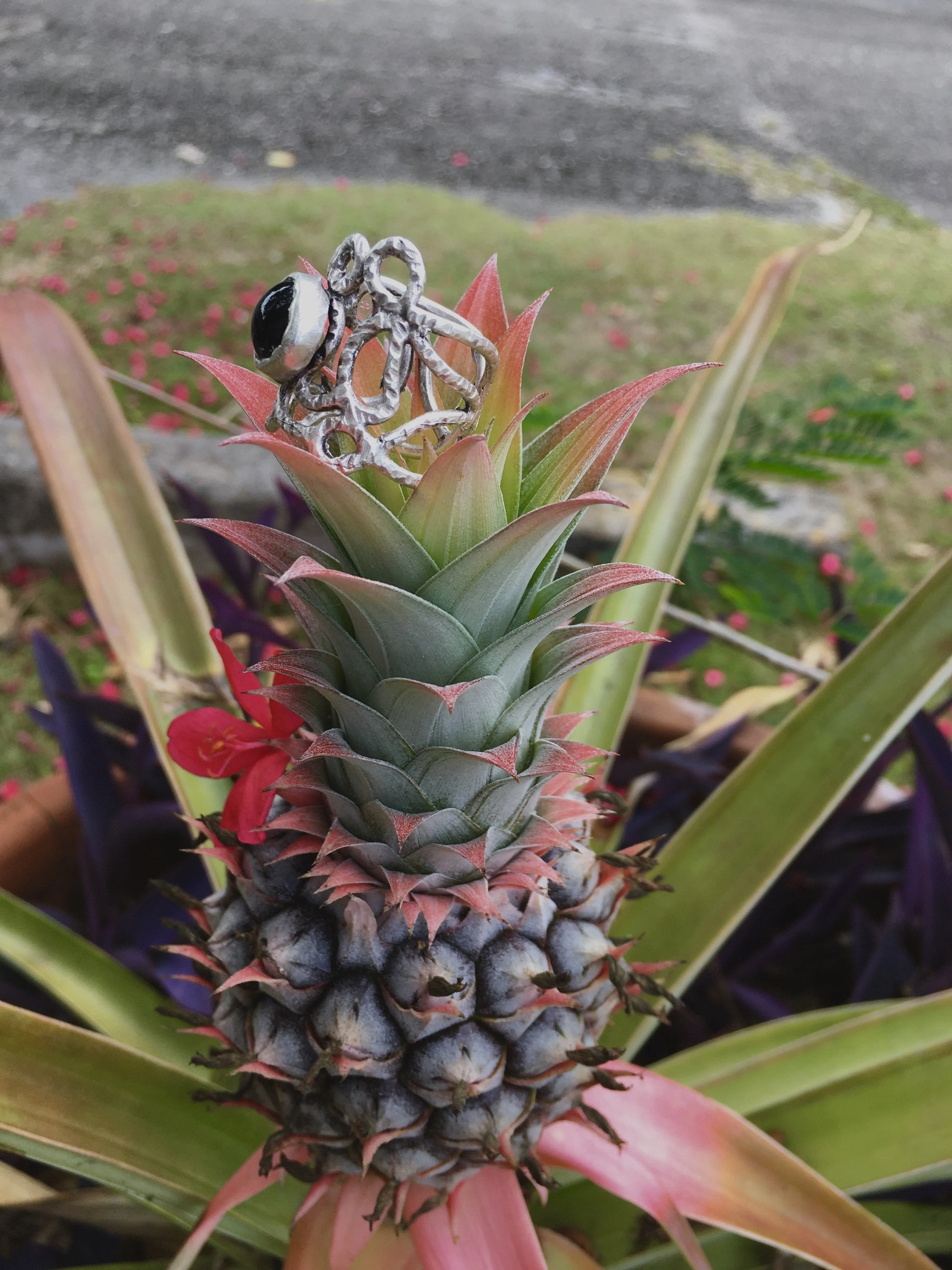 BDV SILVER DETAILED RING W BLACK STONE
