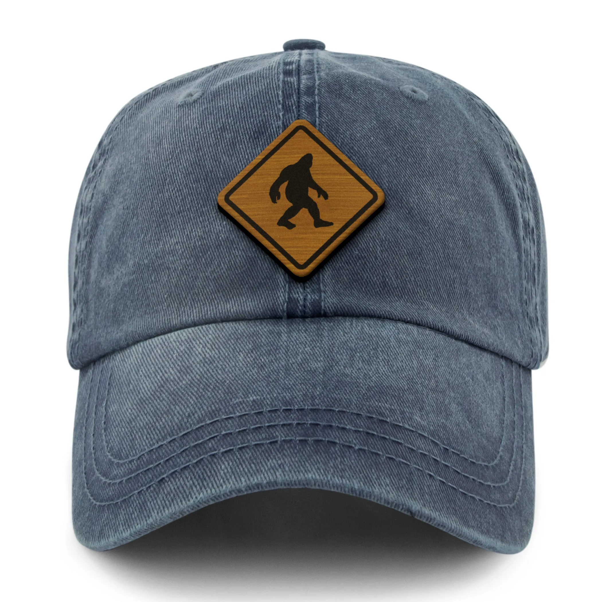 Bigfoot Crossing Sign Wood Grain Washed Dad Hat