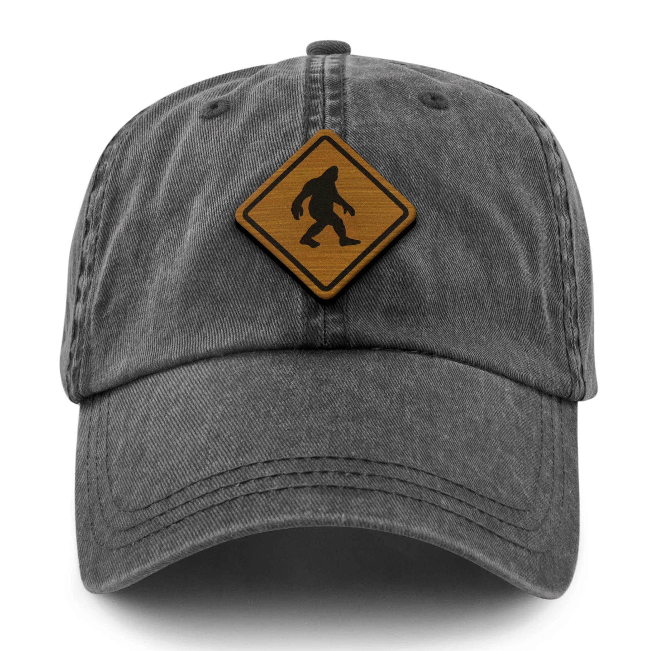 Bigfoot Crossing Sign Wood Grain Washed Dad Hat