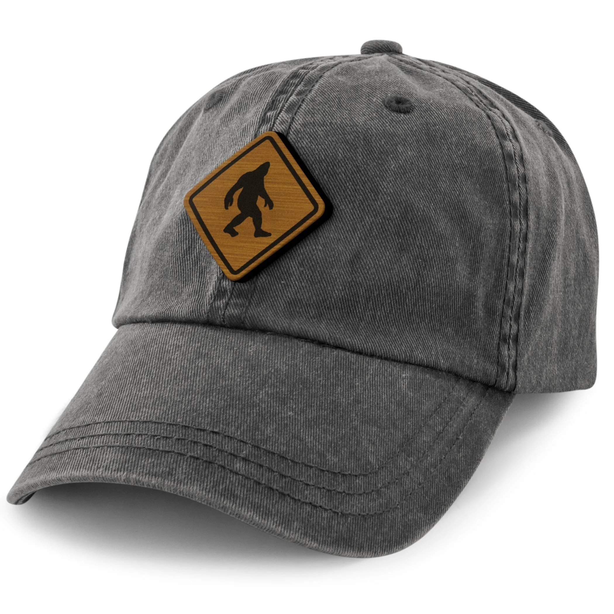 Bigfoot Crossing Sign Wood Grain Washed Dad Hat