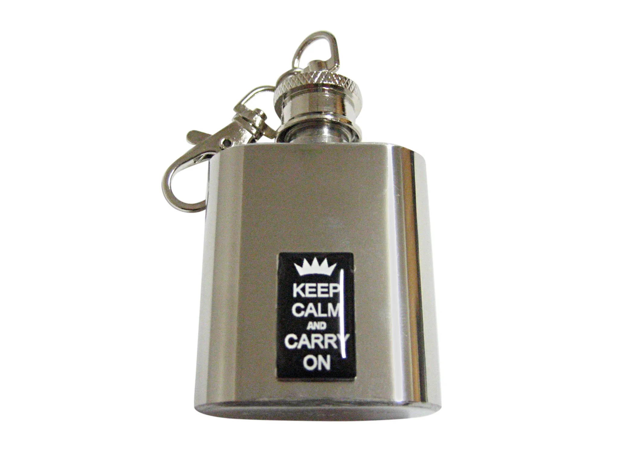 Black Keep Calm and Carry On 1 Oz. Stainless Steel Key Chain Flask