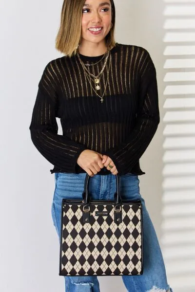 Black Vegan Leather Argyle Shoulder Bag
