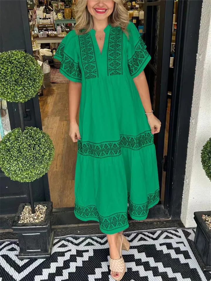 Bohemian V Neck Print A-Line Midi Dress for Lady
