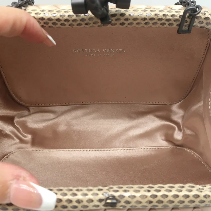 Bottega Veneta Chain Strap Large Knot Clutch Beige Snakeskin-Trim Intrecciato Satin