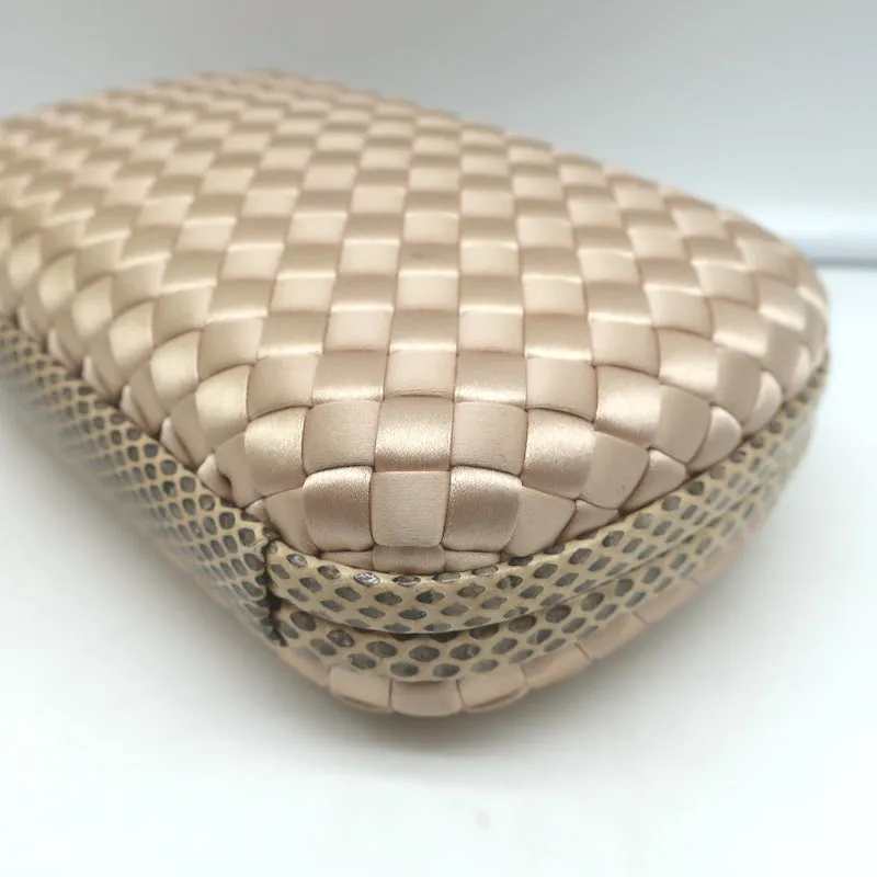 Bottega Veneta Chain Strap Large Knot Clutch Beige Snakeskin-Trim Intrecciato Satin
