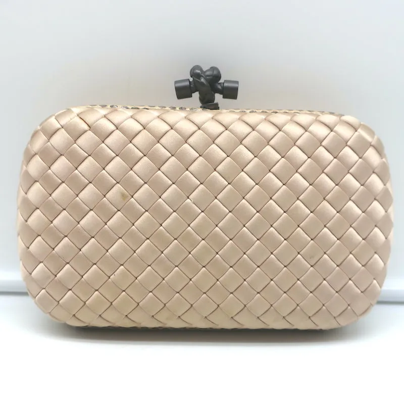 Bottega Veneta Chain Strap Large Knot Clutch Beige Snakeskin-Trim Intrecciato Satin