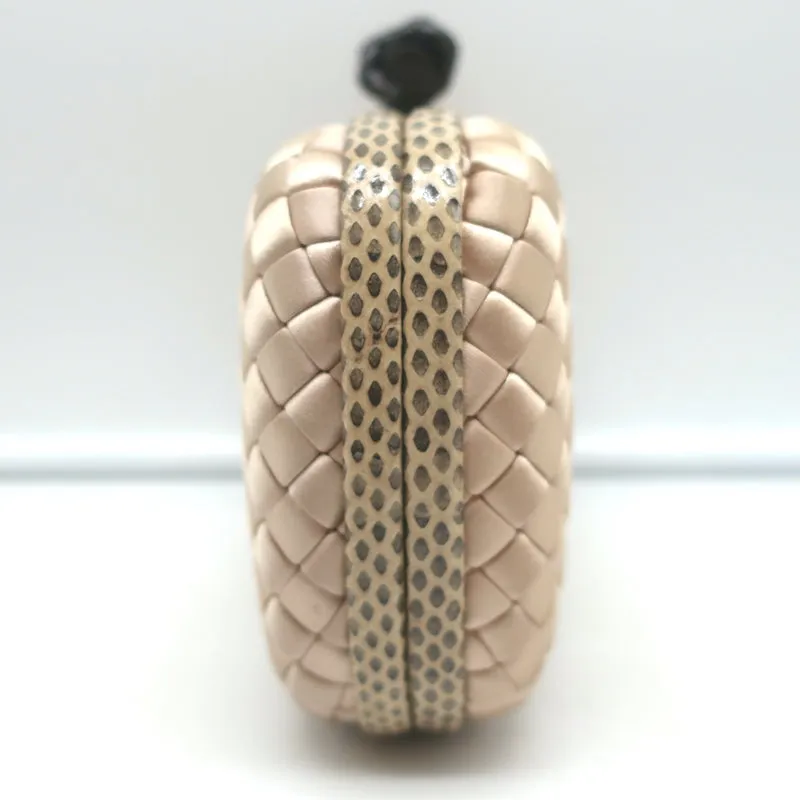 Bottega Veneta Chain Strap Large Knot Clutch Beige Snakeskin-Trim Intrecciato Satin