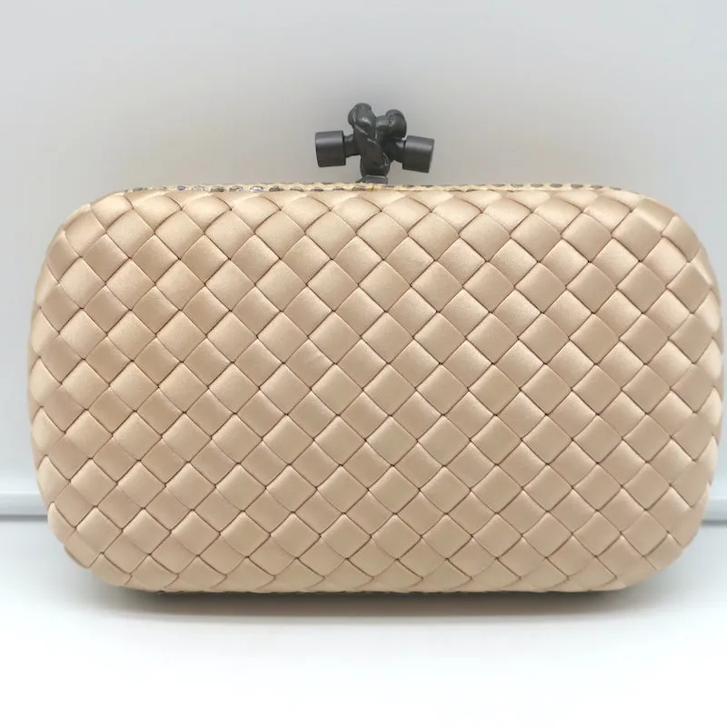 Bottega Veneta Chain Strap Large Knot Clutch Beige Snakeskin-Trim Intrecciato Satin