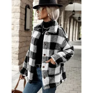 Buffalo Plaid Dual Pocket fuzzy teddy Coat preppy minimalist WHITE