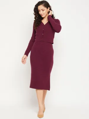 Camla Barcelona Shimmery Cardigan With Skirt Wine Co-Ord Set