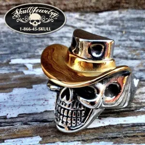 'Carry On' Gold Cowboy Hat Skull Ring (#496)