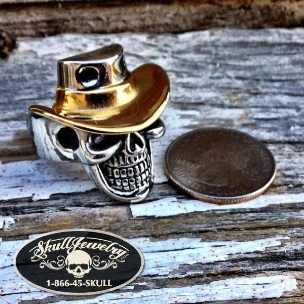 'Carry On' Gold Cowboy Hat Skull Ring (#496)