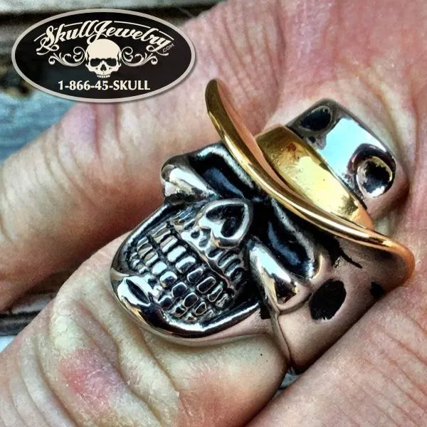 'Carry On' Gold Cowboy Hat Skull Ring (#496)