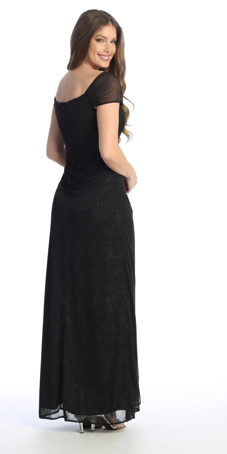 Celavie 6565-L Long Column Gathered Waistline Short Cap Sleeve Dress