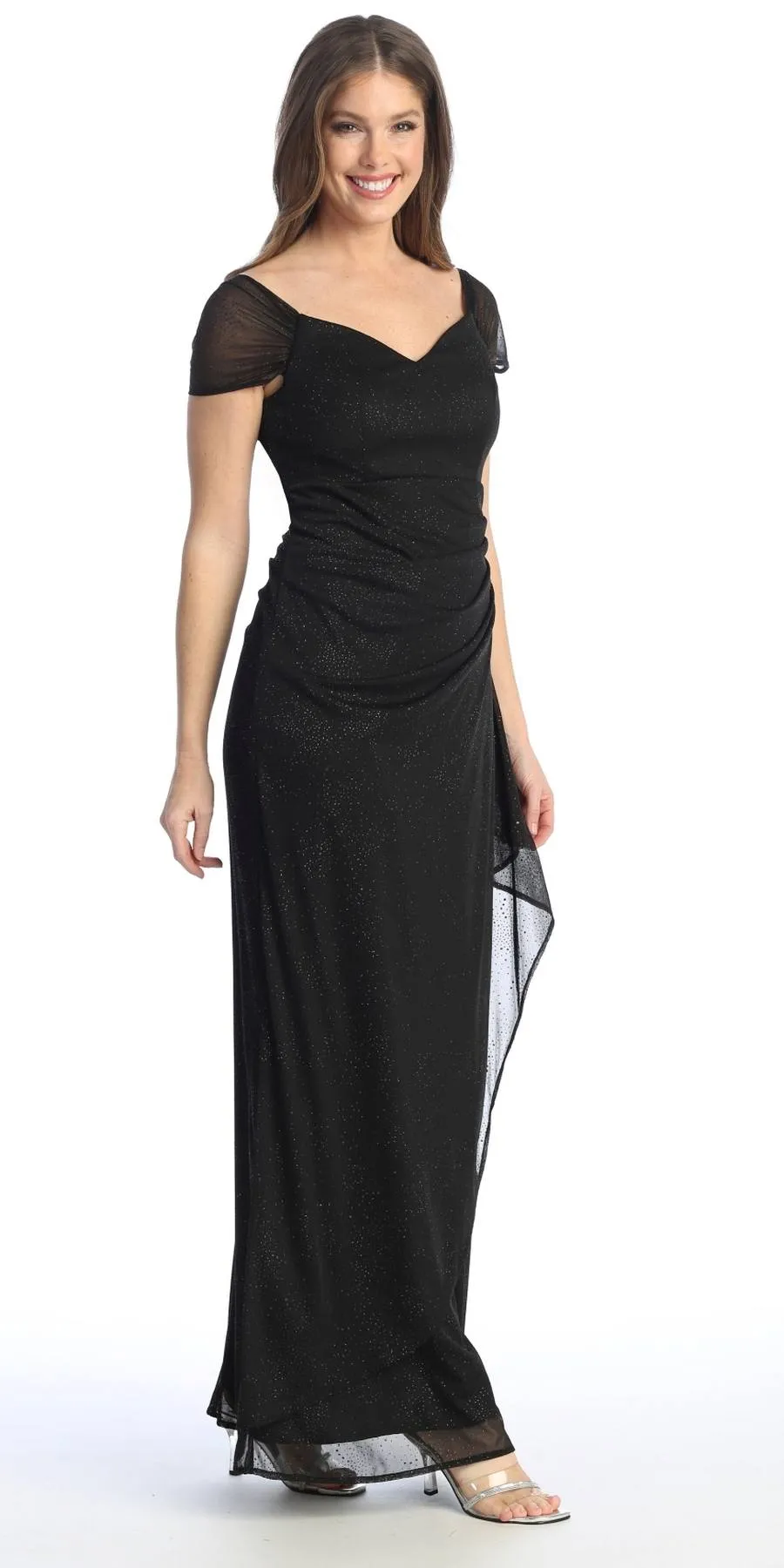 Celavie 6565-L Long Column Gathered Waistline Short Cap Sleeve Dress