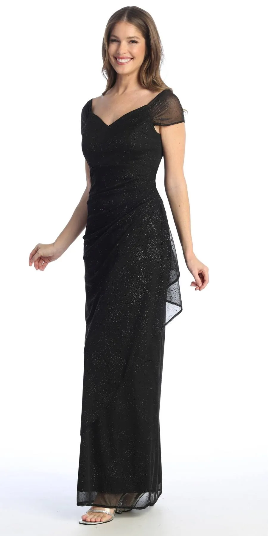 Celavie 6565-L Long Column Gathered Waistline Short Cap Sleeve Dress