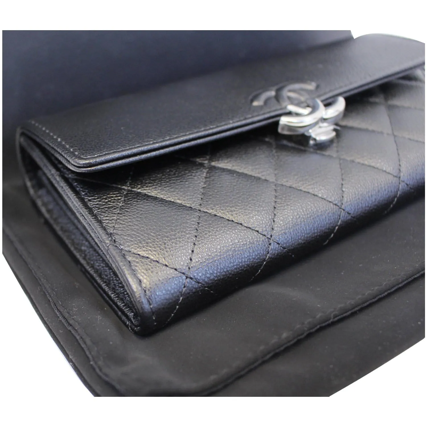 CHANEL Grained Leather Long Flap Wallet Silver-Tone Metal