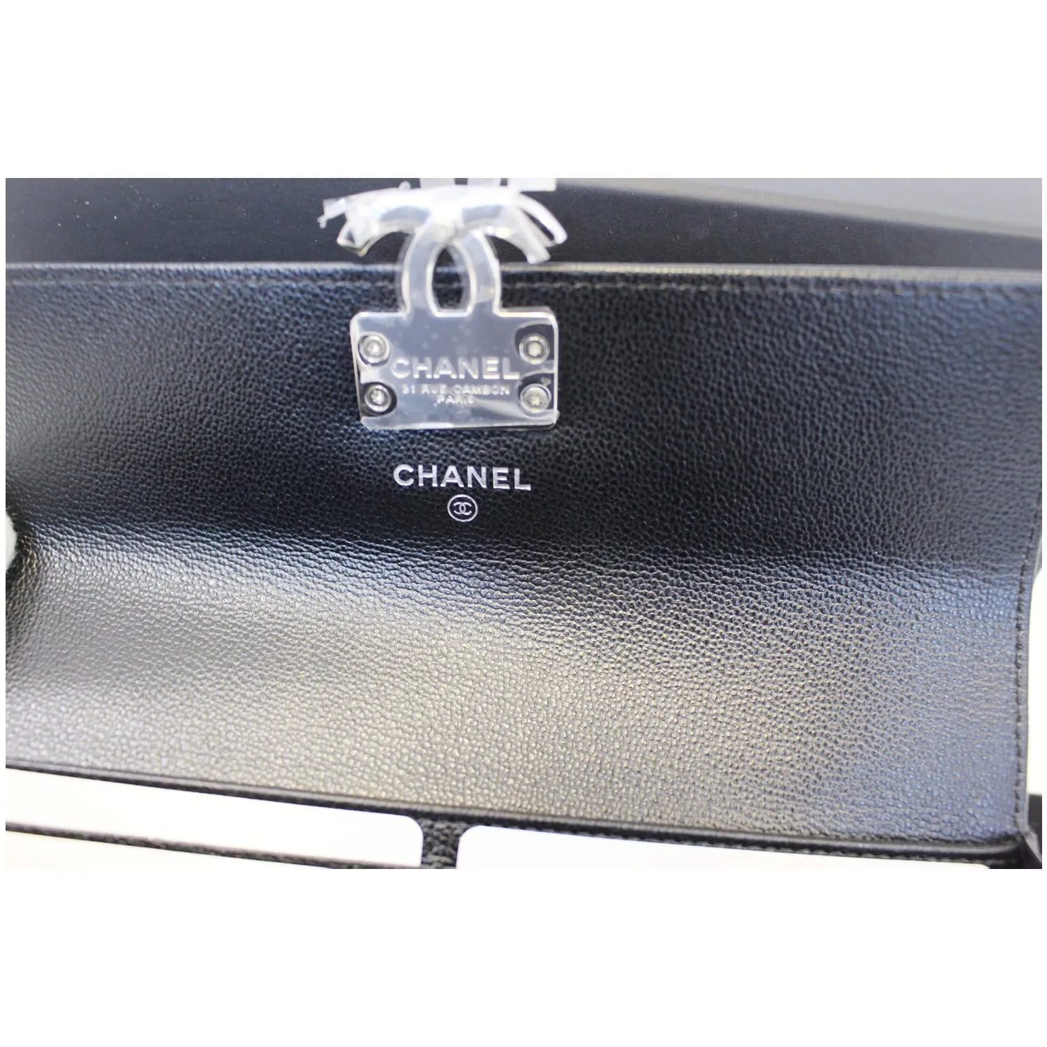 CHANEL Grained Leather Long Flap Wallet Silver-Tone Metal