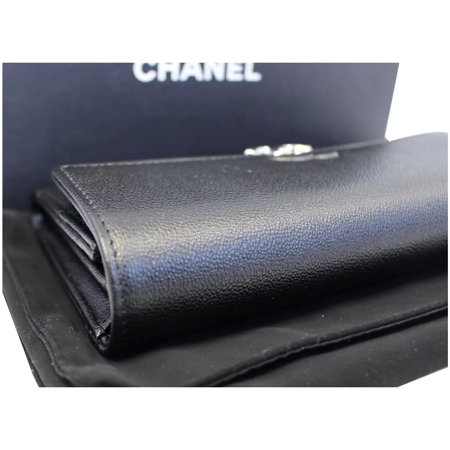 CHANEL Grained Leather Long Flap Wallet Silver-Tone Metal