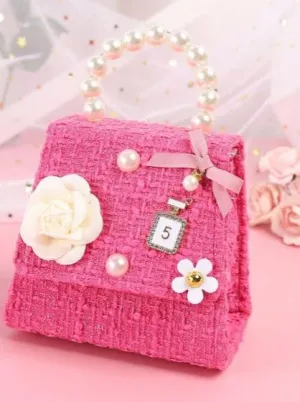Chic Pearl Handle Tweed Mini Bag with Floral Accents