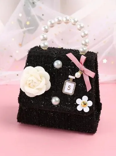 Chic Pearl Handle Tweed Mini Bag with Floral Accents