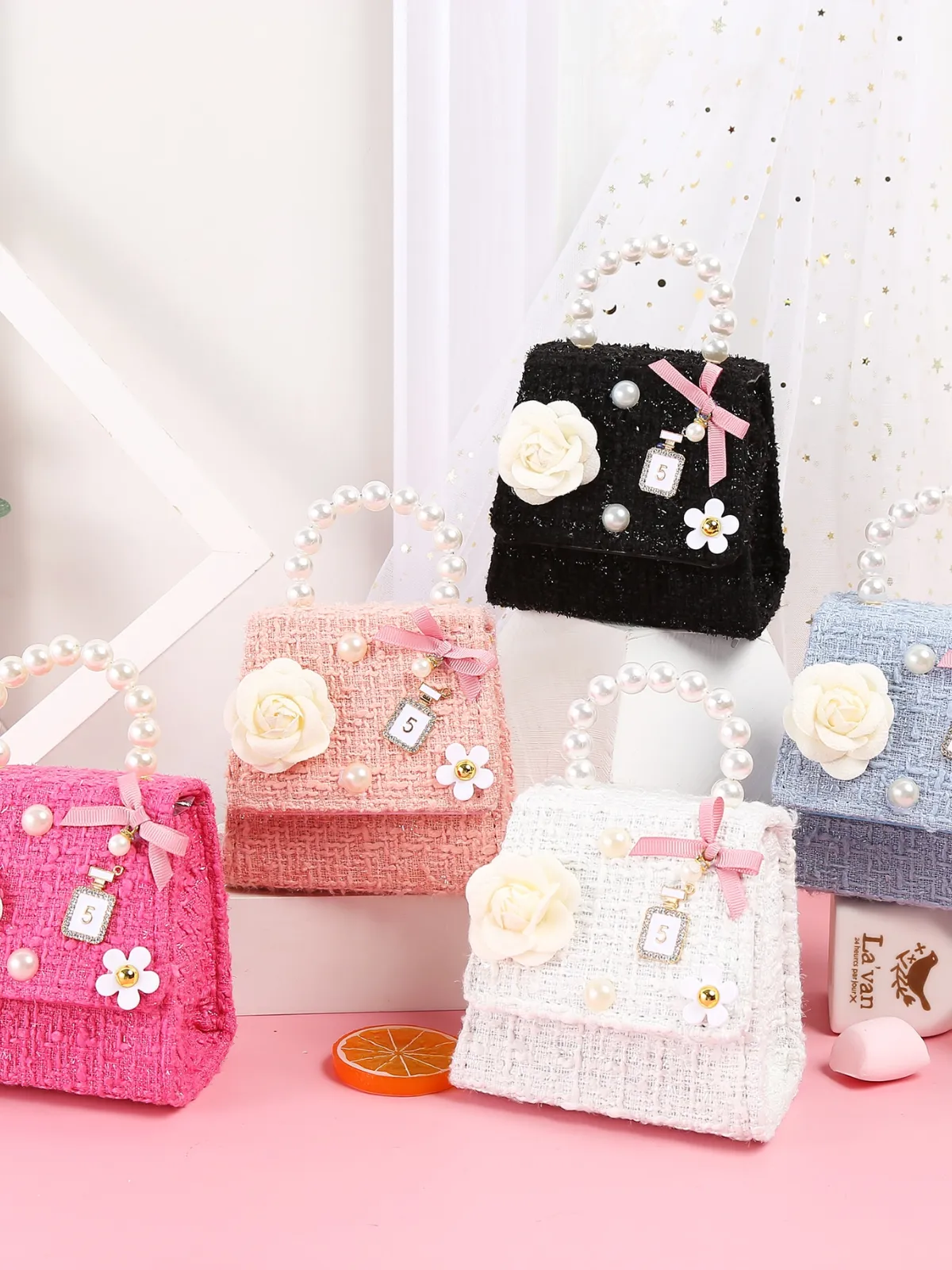 Chic Pearl Handle Tweed Mini Bag with Floral Accents