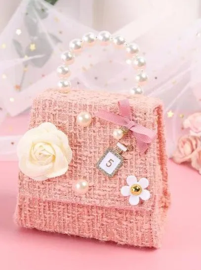 Chic Pearl Handle Tweed Mini Bag with Floral Accents