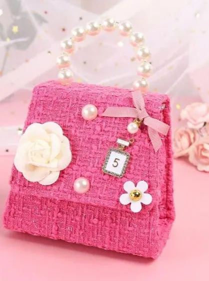 Chic Pearl Handle Tweed Mini Bag with Floral Accents