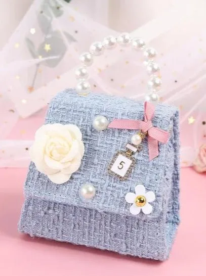Chic Pearl Handle Tweed Mini Bag with Floral Accents